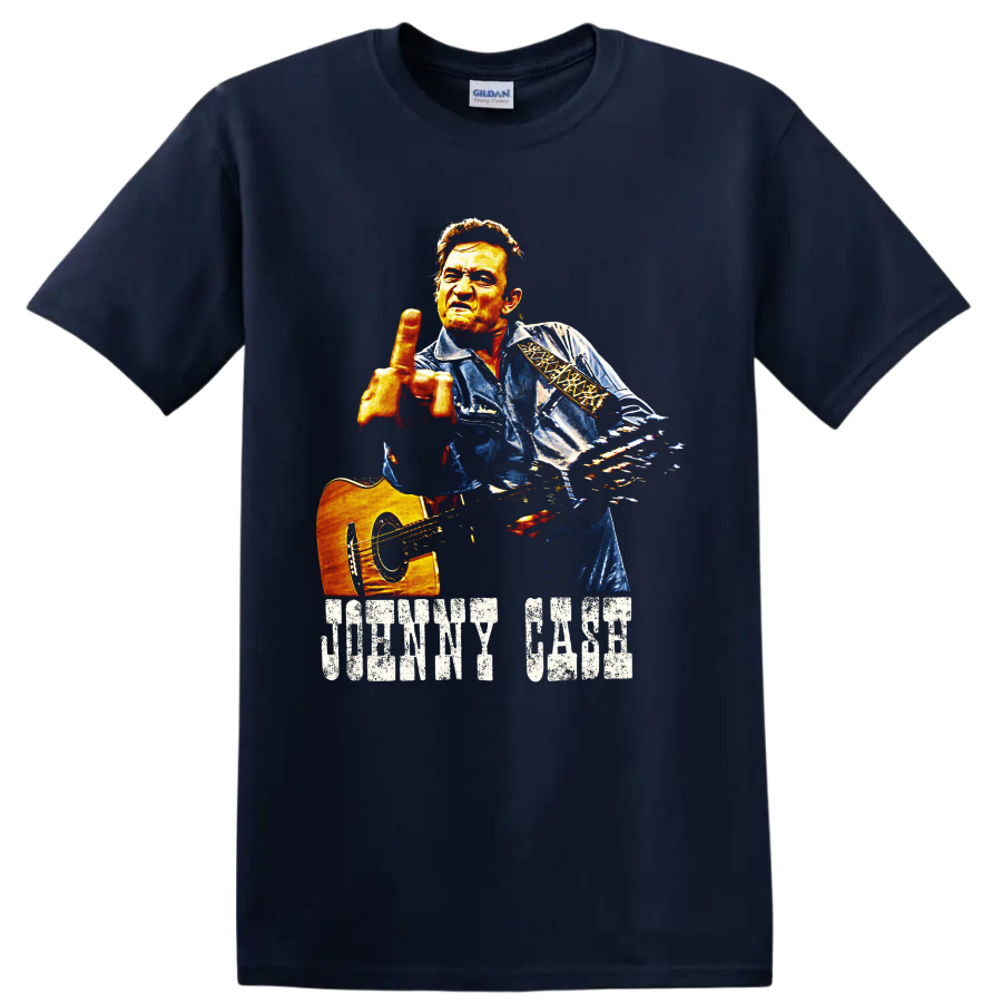 Johnny Cash painted guitar portrait with distressed name lettering on a Navy (Blue) T Shirt