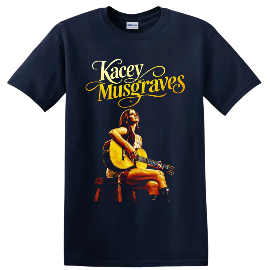 Kacey Musgraves seated with acoustic guitar beneath ornate script lettering on a Navy (Blue) T Shirt