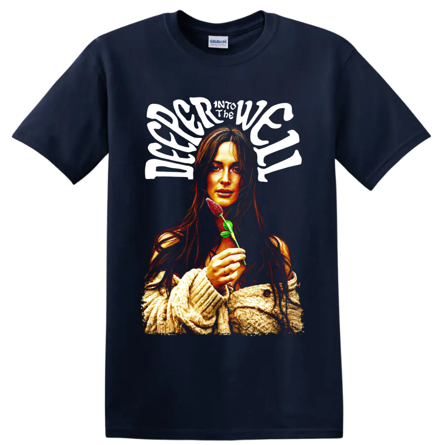 Kacey Musgraves retro portrait holding a pink flower with bold white lettering on a Navy (Blue) T Shirt