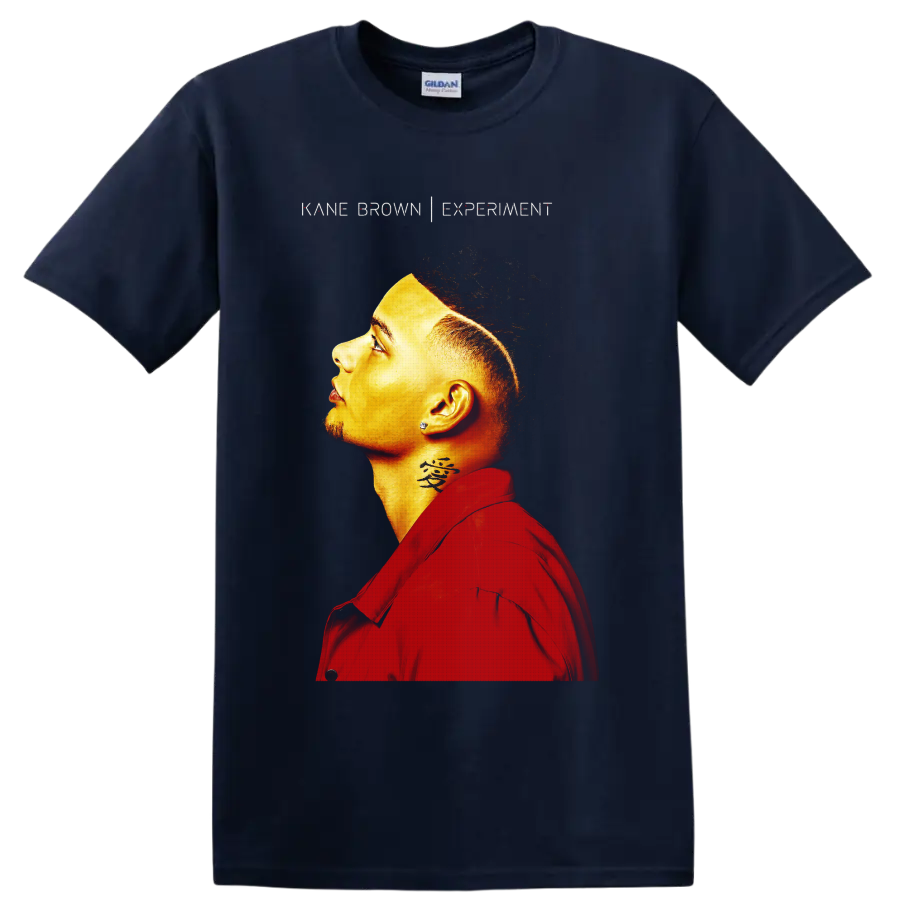 Kane Brown Experiment side-profile portrait in vivid red and gold tones on a Navy (Blue) T Shirt