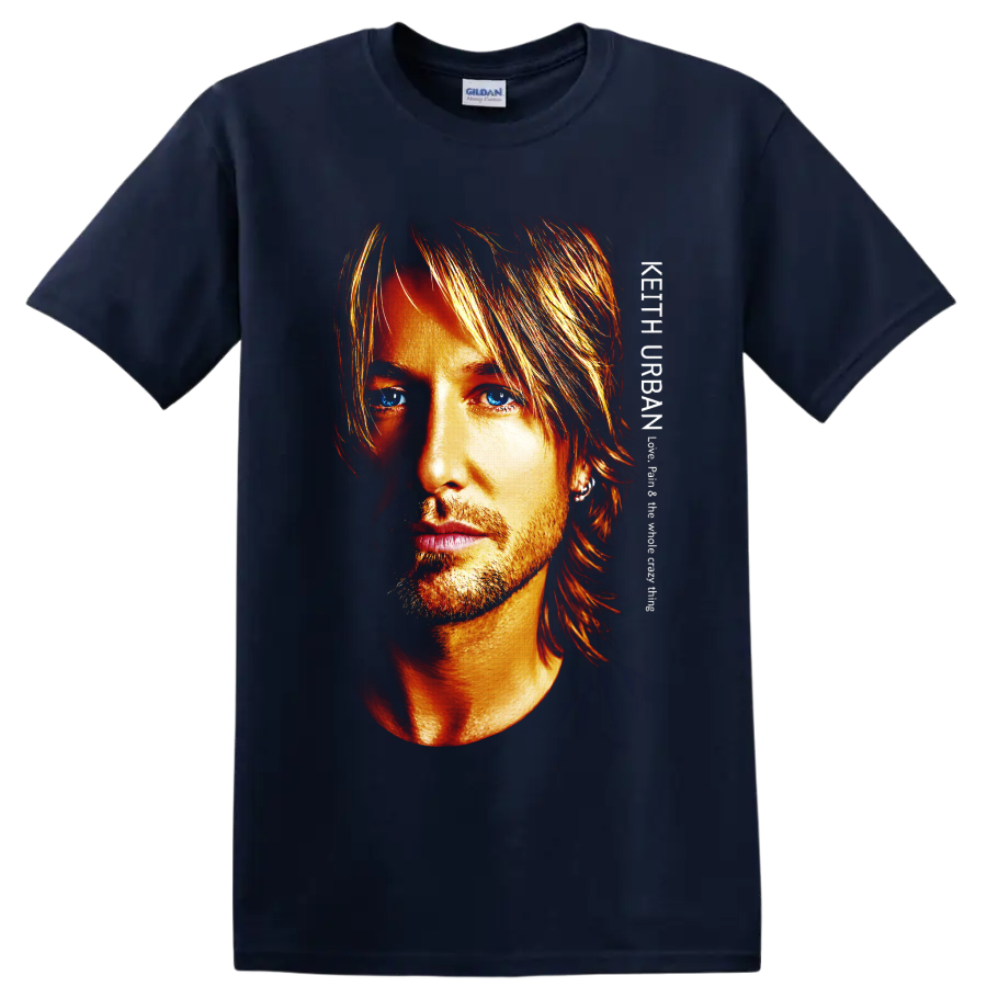 Keith Urban close-up portrait in fiery high-contrast art with striking blue eyes on a Navy (Blue) T Shirt