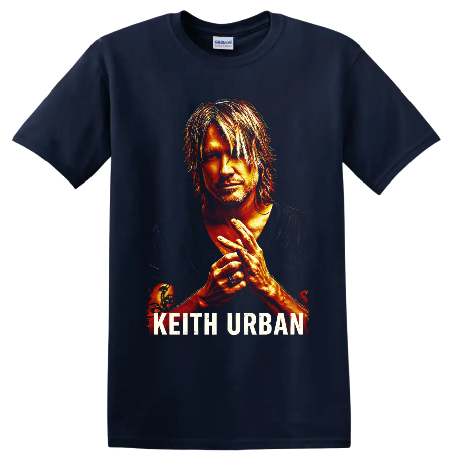 Fiery painted Keith Urban portrait with clasped hands and distressed KEITH URBAN text on a Navy (Blue) T Shirt