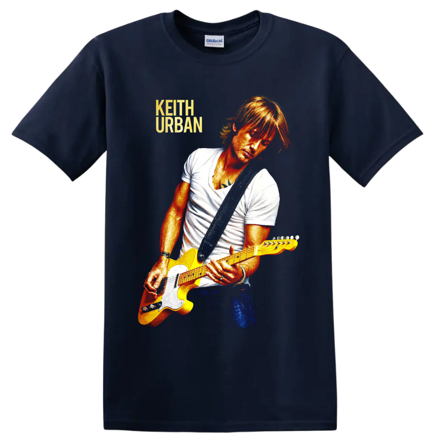 Keith Urban portrait playing yellow electric guitar in vivid concert art on a Navy (Blue) T Shirt