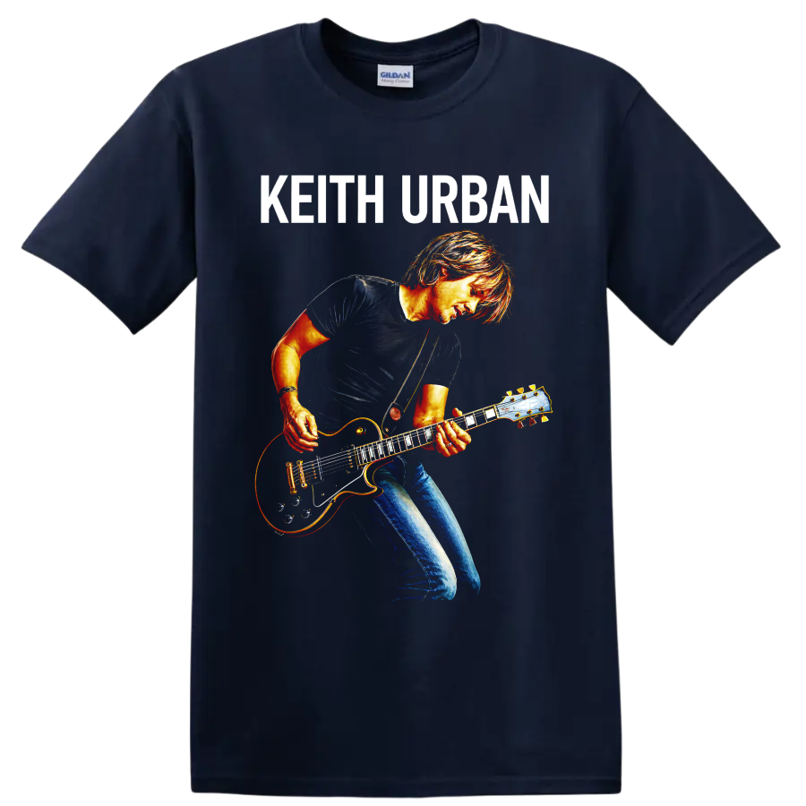 Keith Urban guitarist in vivid concert-poster style with electric guitar and name text on a Navy (Blue) T Shirt