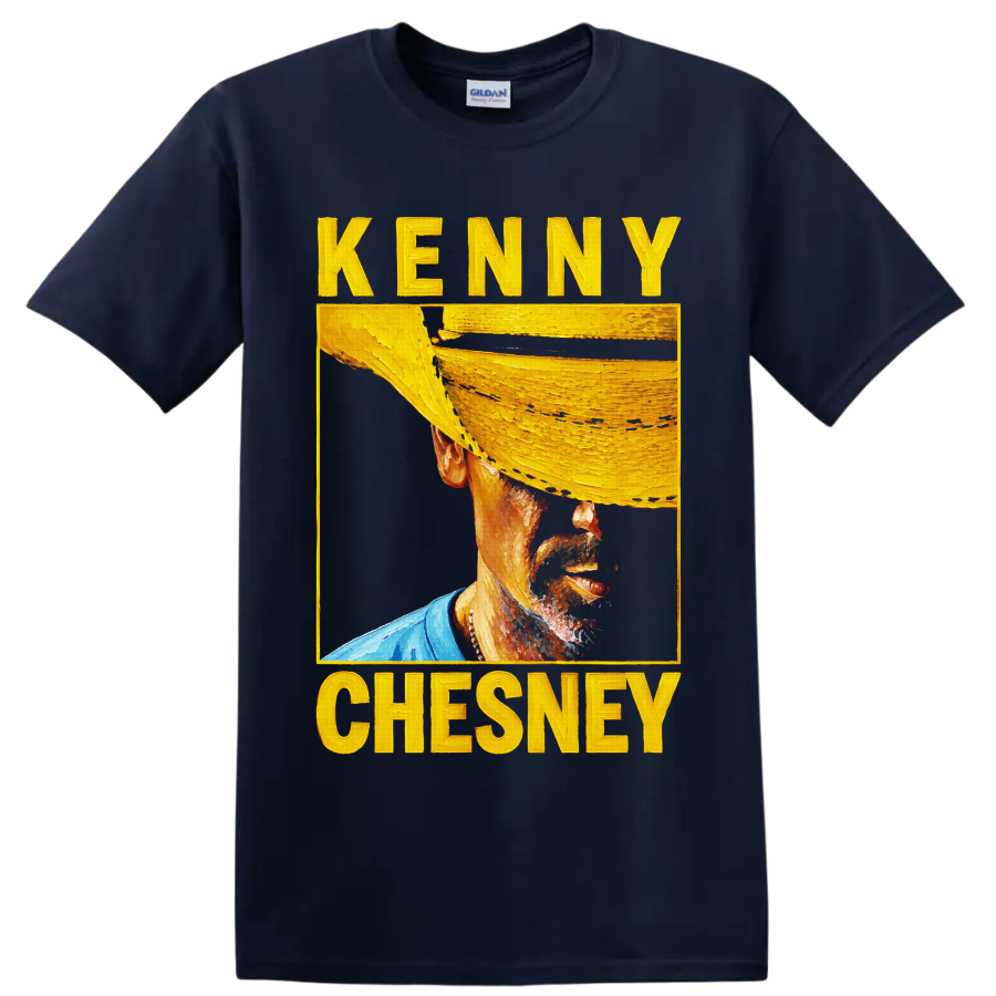 Kenny Chesney painterly cowboy hat portrait with bold yellow lettering on a Navy (Blue) T Shirt