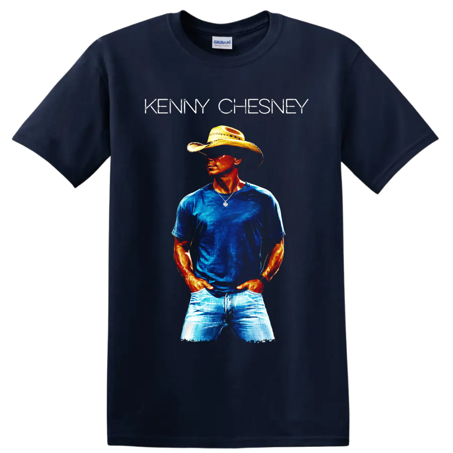 Kenny Chesney cowboy hat portrait in vivid blue and orange painterly country music art on a Navy (Blue) T Shirt