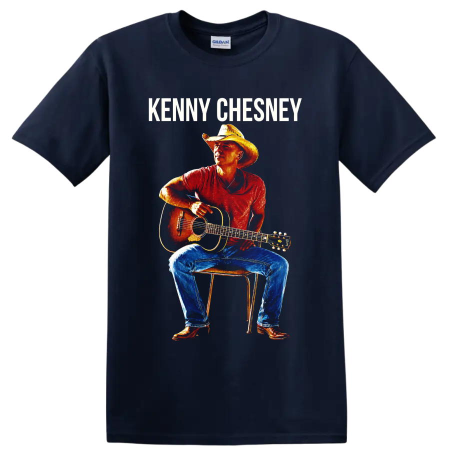 Kenny Chesney portrait with cowboy hat and acoustic guitar in vivid poster style on a Navy (Blue) T Shirt
