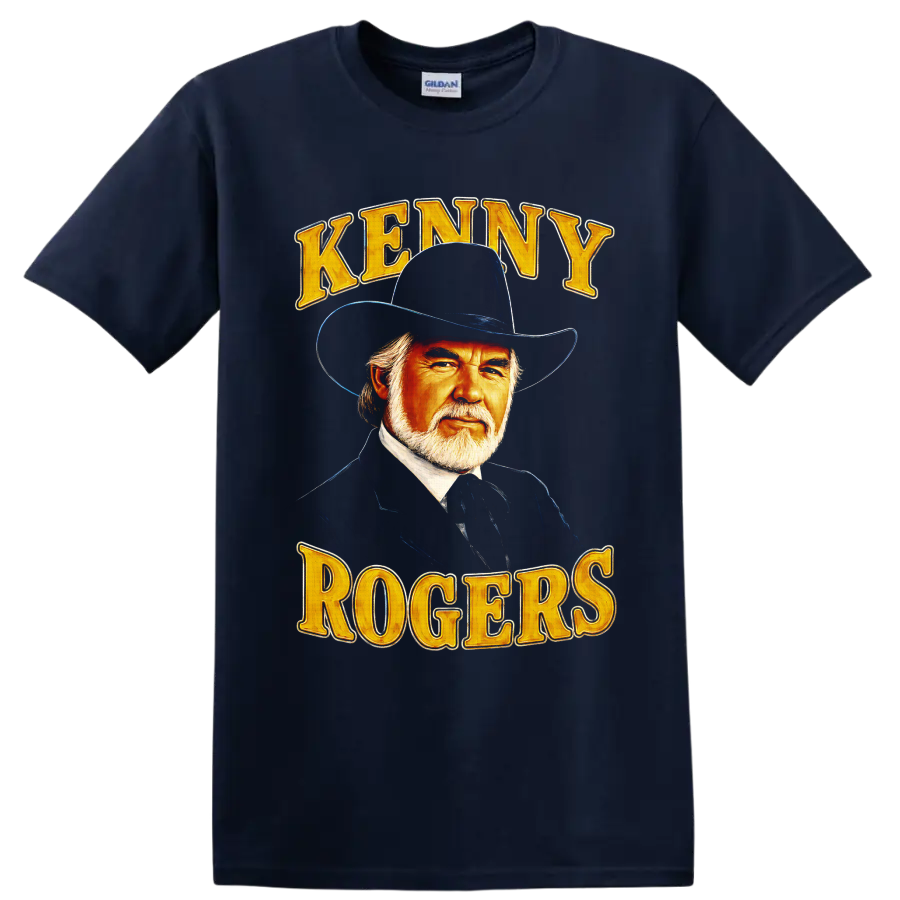 Kenny Rogers cowboy hat portrait with gold KENNY ROGERS lettering in vintage Western style on a Navy (Blue) T Shirt