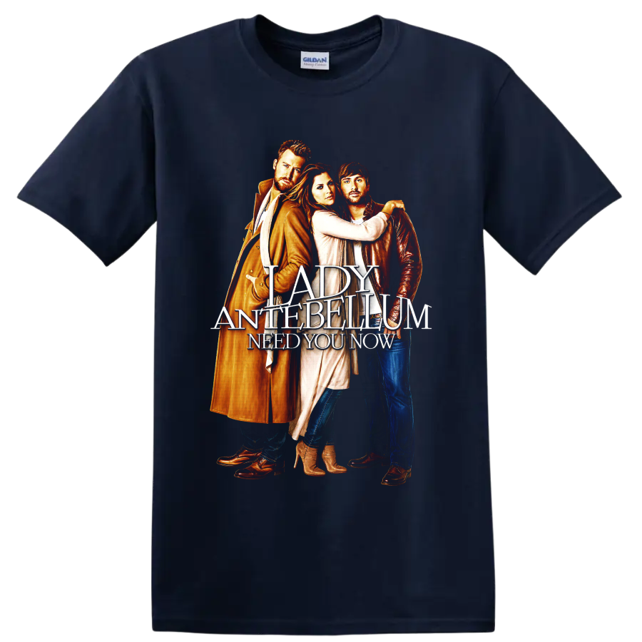 Lady Antebellum trio portrait with Need You Now layered country music lettering on a Navy (Blue) T Shirt