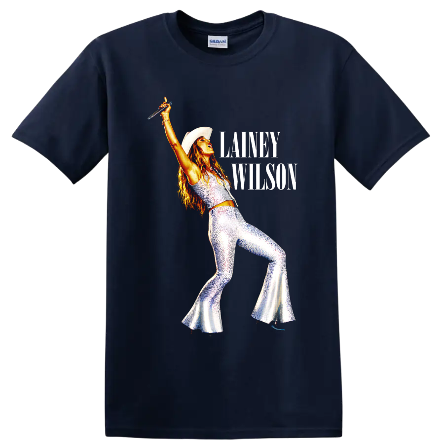 Lainey Wilson in cowboy hat and sparkling stagewear with raised microphone and text on a Navy (Blue) T Shirt