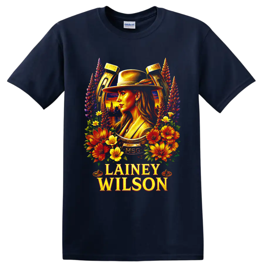 Lainey Wilson western hat portrait with floral horseshoe and sunset skyline on a Navy (Blue) T Shirt