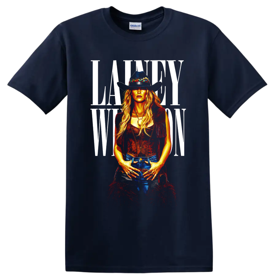 Lainey Wilson western portrait in cowboy hat, fringe vest, and bold white lettering on a Navy (Blue) T Shirt