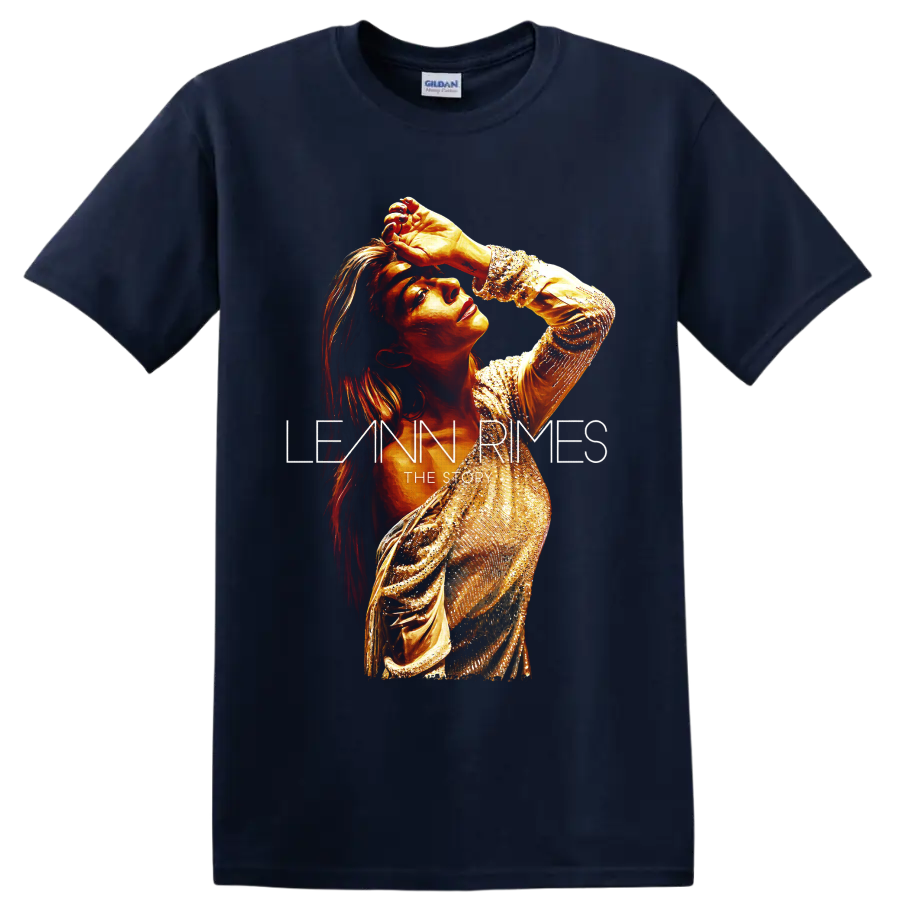LeAnn Rimes golden glam portrait with The Story lettering on a Navy (Blue) T Shirt