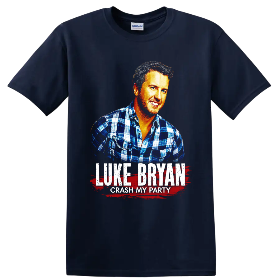 Luke Bryan Crash My Party portrait with distressed lettering and red brushstroke on a Navy (Blue) T Shirt