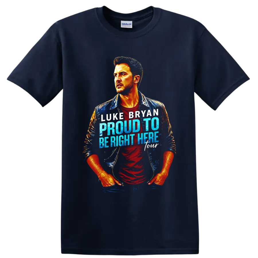 Luke Bryan painterly portrait with Proud To Be Right Here blue and white lettering on a Navy (Blue) T Shirt