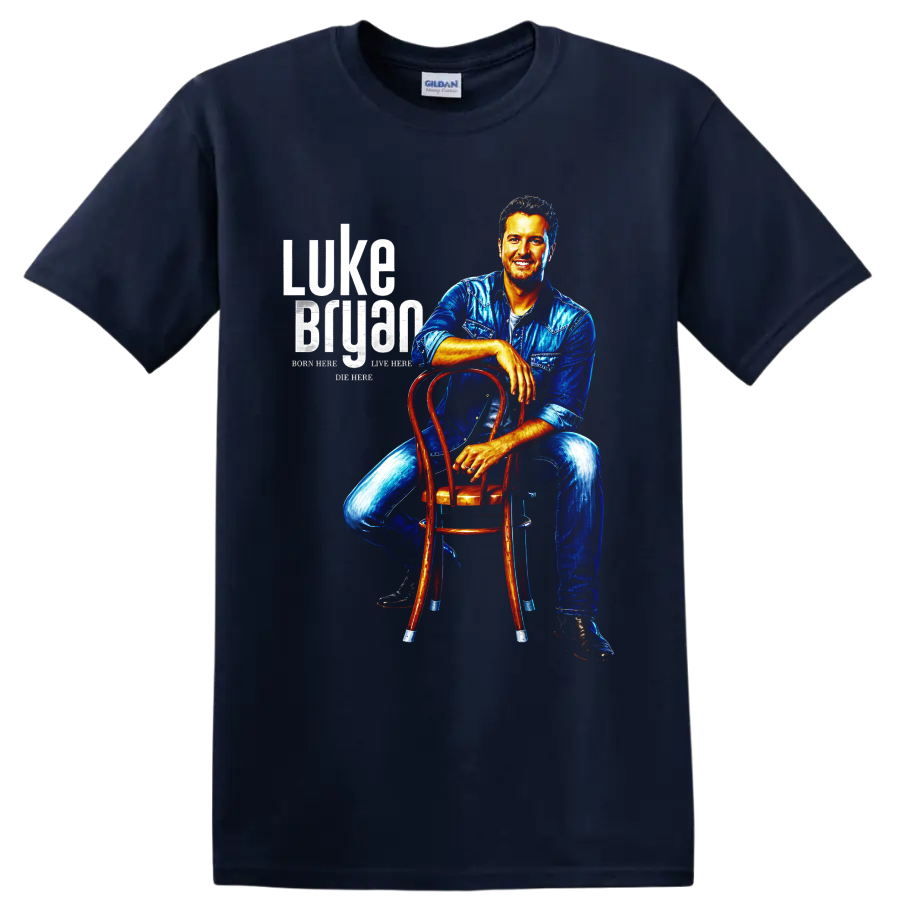 Luke Bryan portrait in blue denim seated on a wooden chair with distressed lettering on a Navy (Blue) T Shirt