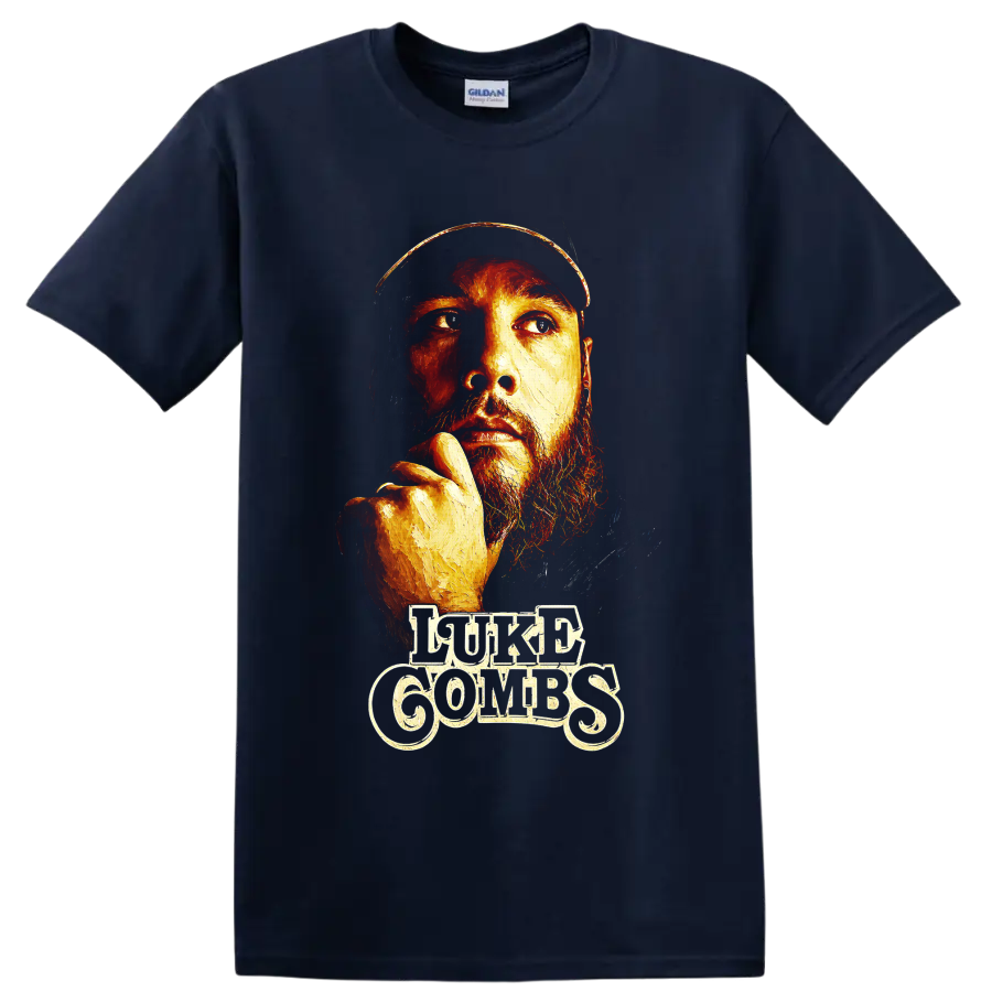 Luke Combs painted portrait with fiery split lighting and decorative lettering on a Navy (Blue) T Shirt