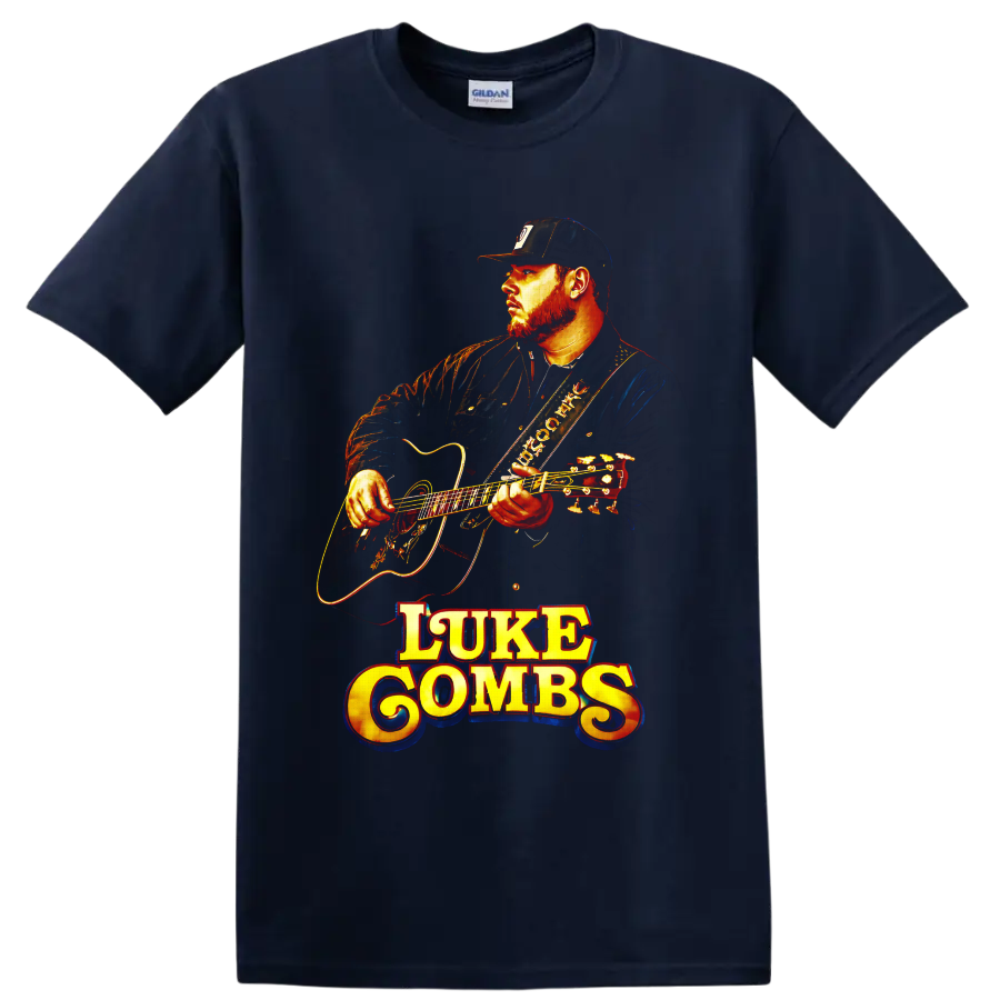 Luke Combs playing acoustic guitar in vivid vintage concert-poster style on a Navy (Blue) T Shirt