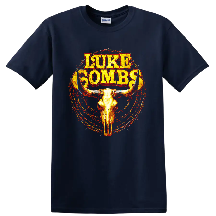 Luke Combs distressed lettering with longhorn skull and barbed wire western graphic on a Navy (Blue) T Shirt