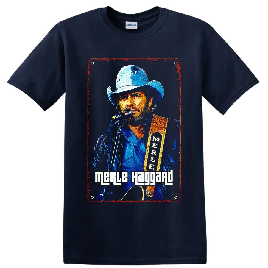 Merle Haggard painted cowboy-hat performance portrait with microphone and guitar on a Navy (Blue) T Shirt