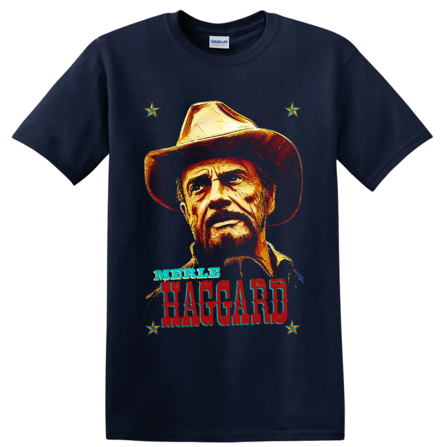 Merle Haggard cowboy hat portrait with distressed western lettering and stars on a Navy (Blue) T Shirt