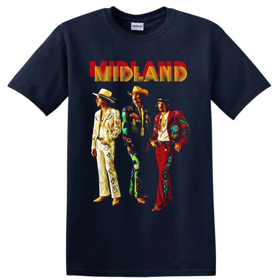 Midland country trio in colorful western suits beneath retro MIDLAND lettering on a Navy (Blue) T Shirt