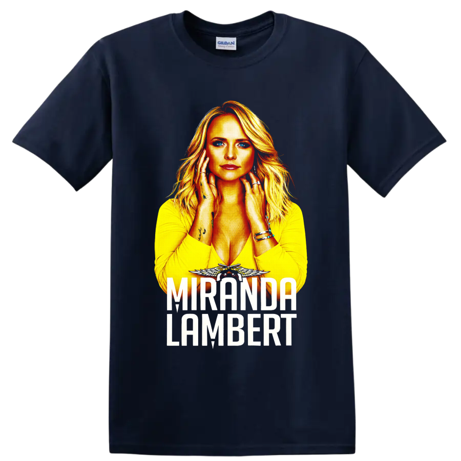 Miranda Lambert portrait with fiery gold artwork, winged accent, and bold name lettering on a Navy (Blue) T Shirt