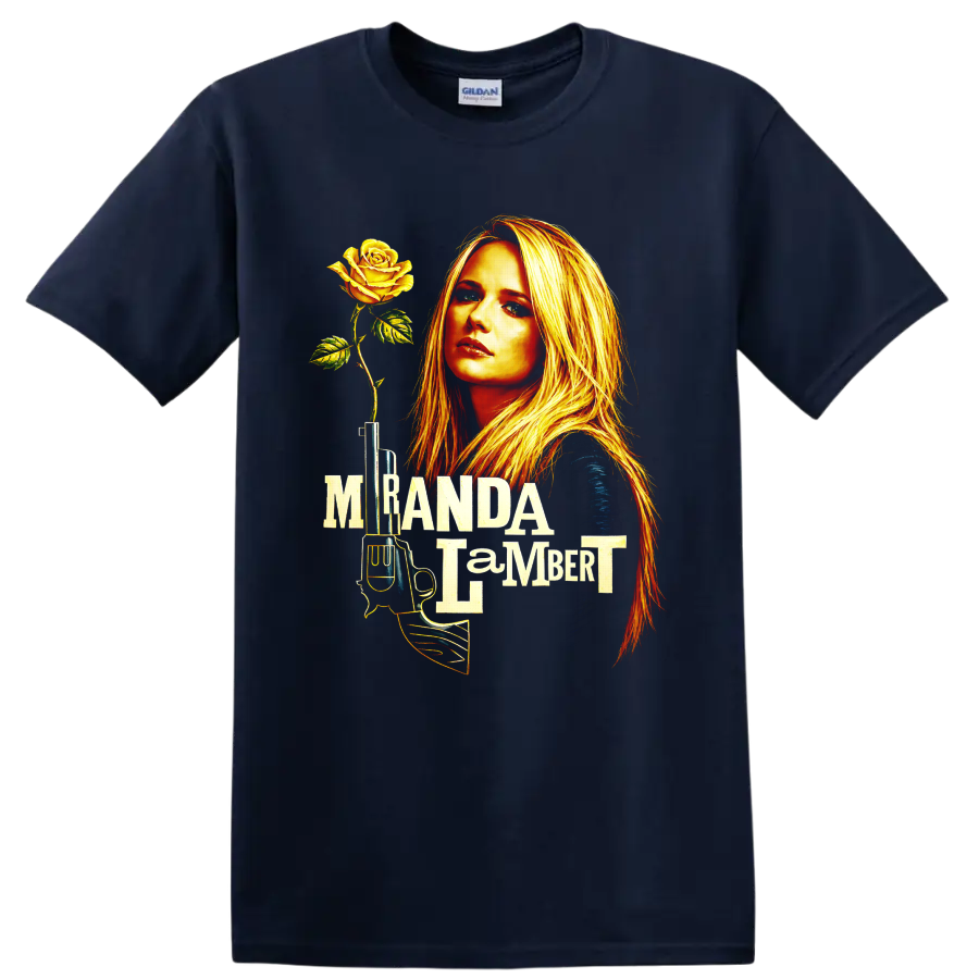 Miranda Lambert portrait with yellow rose, vintage microphone, and bold layered lettering on a Navy (Blue) T Shirt