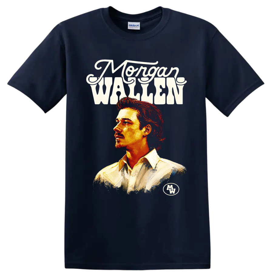 Morgan Wallen painted portrait with western lettering and fiery country music art on a Navy (Blue) T Shirt