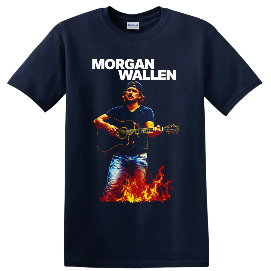 Morgan Wallen guitar player illustration with bold name text and fiery flames on a Navy (Blue) T Shirt