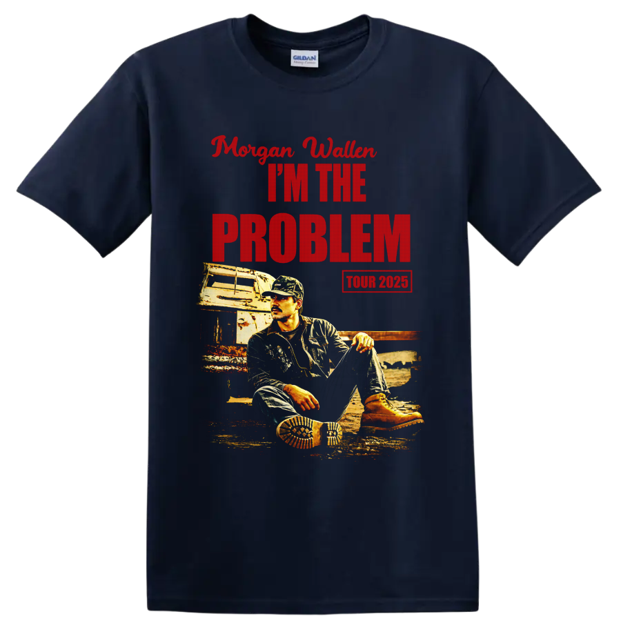 Morgan Wallen I'm The Problem Tour 2025 distressed portrait and trailer graphic on a Navy (Blue) T Shirt