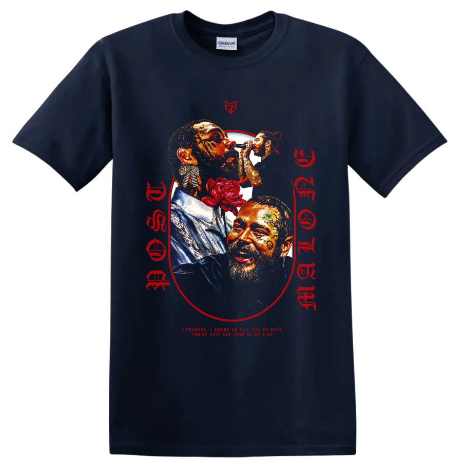 Post Malone tattooed portrait collage with red rose and microphone performance on a Navy (Blue) T Shirt