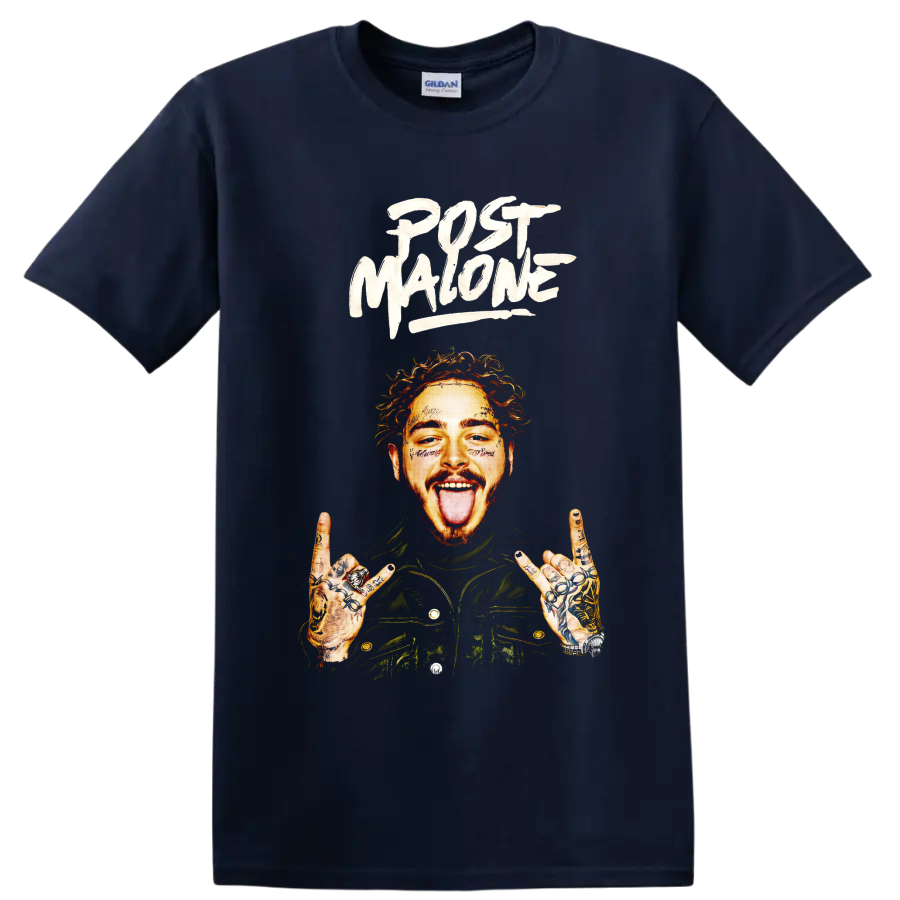 Post Malone portrait with tattooed hands and bold brush lettering on a Navy (Blue) T Shirt