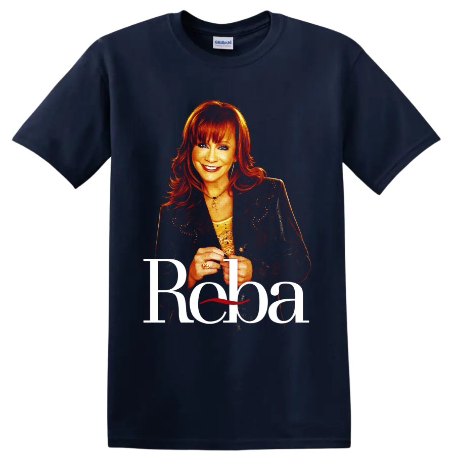 Reba McEntire portrait with red hair, sparkling jacket, and large Reba lettering on a Navy (Blue) T Shirt
