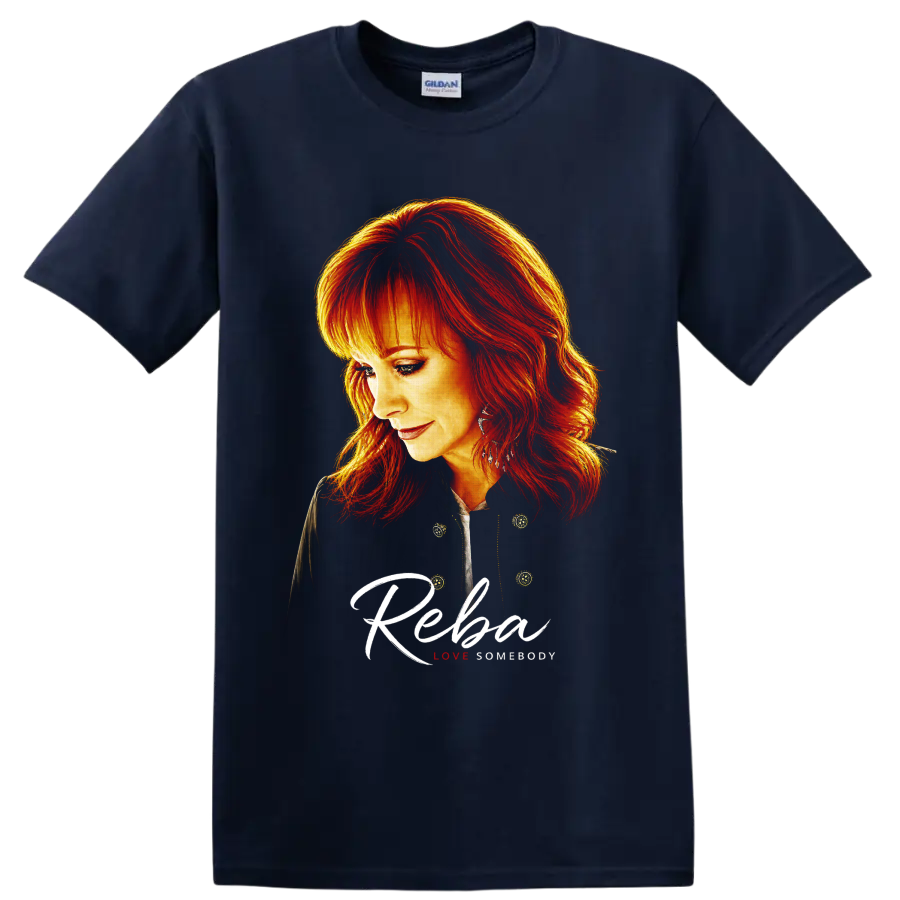 Reba McEntire fiery red hair portrait with script Reba and Love Somebody text on a Navy (Blue) T Shirt