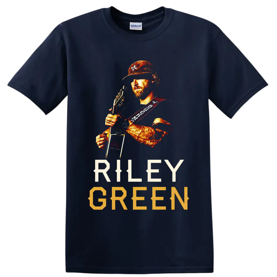 Riley Green holding guitar in warm western portrait art with RILEY GREEN text on a Navy (Blue) T Shirt