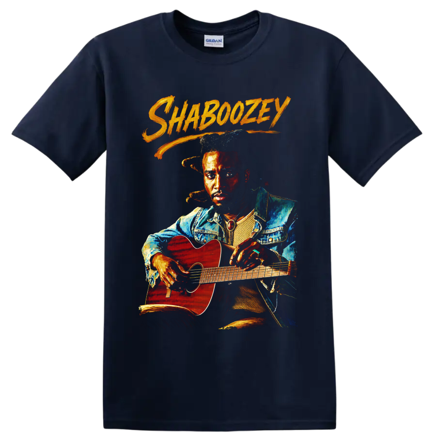 Painted Shaboozey portrait holding a red acoustic guitar with orange brush lettering on a Navy (Blue) T Shirt