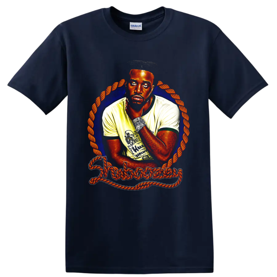 Shaboozey portrait illustration with blue halo, orange rope frame, and signature lettering on a Navy (Blue) T Shirt