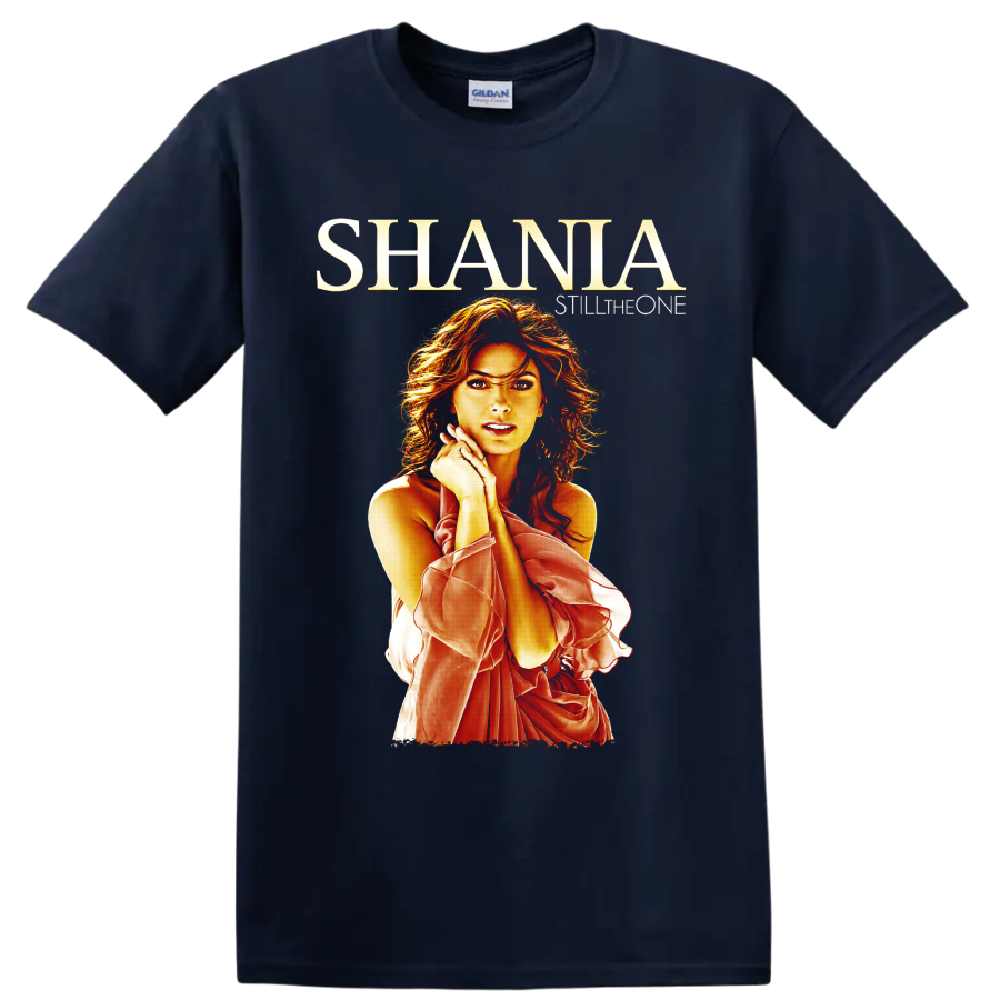 Shania Twain Still the One portrait in fiery red and gold country-pop fan art on a Navy (Blue) T Shirt