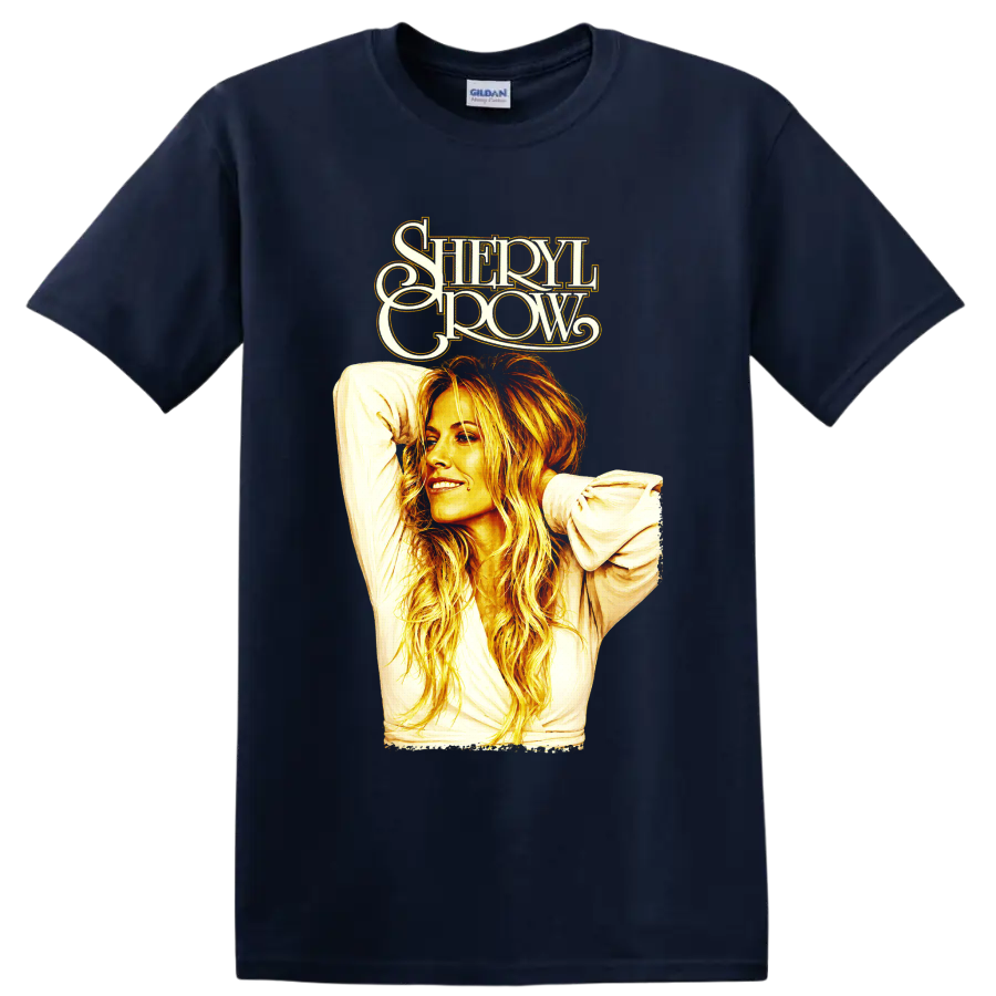 Sheryl Crow retro gold and orange portrait with stylized lettering on a Navy (Blue) T Shirt