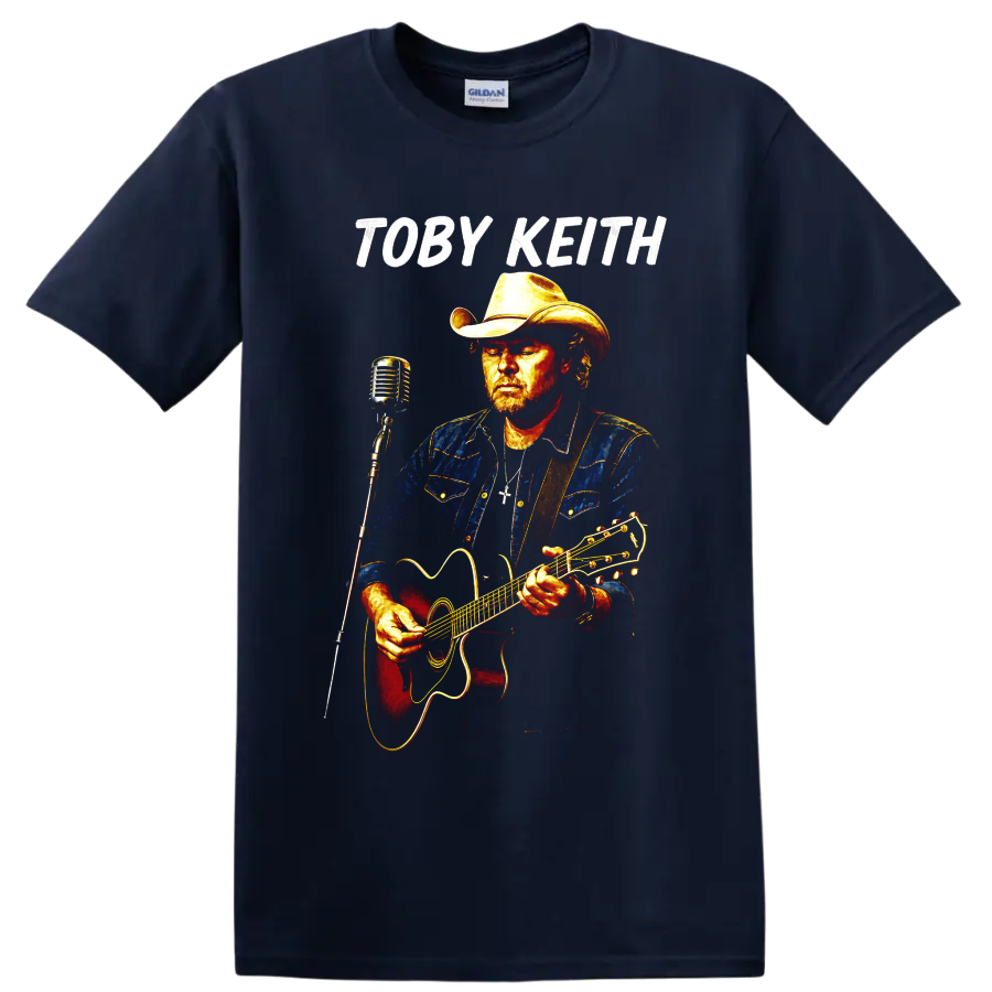 Toby Keith country singer portrait with cowboy hat, acoustic guitar, and vintage on a Navy (Blue) T Shirt