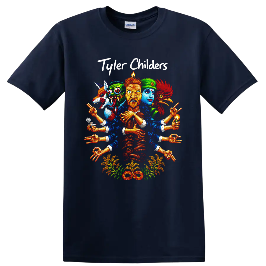 Tyler Childers surreal folk-art portrait with guitar, colorful faces, hands, and on a Navy (Blue) T Shirt
