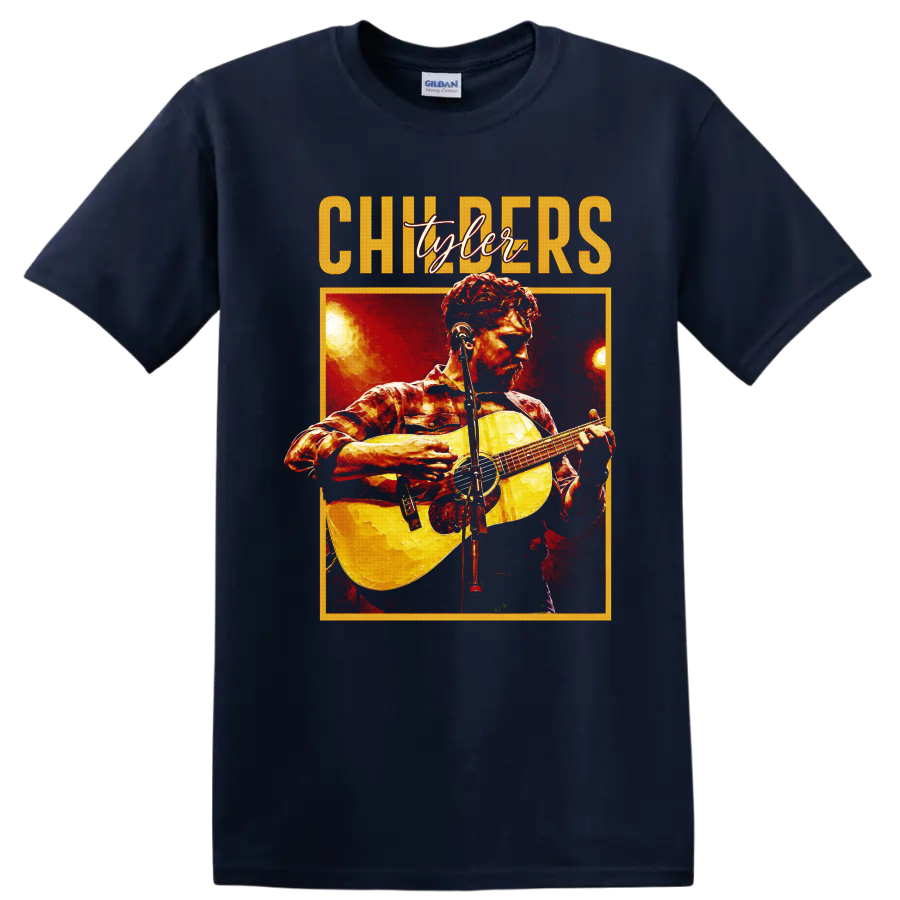 Tyler Childers painterly concert portrait with acoustic guitar and stage lights on a Navy (Blue) T Shirt