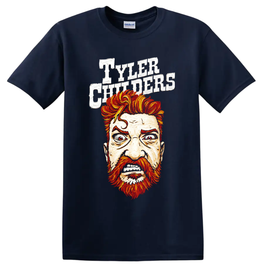 Tyler Childers illustrated portrait with fiery hair and distressed white lettering on a Navy (Blue) T Shirt