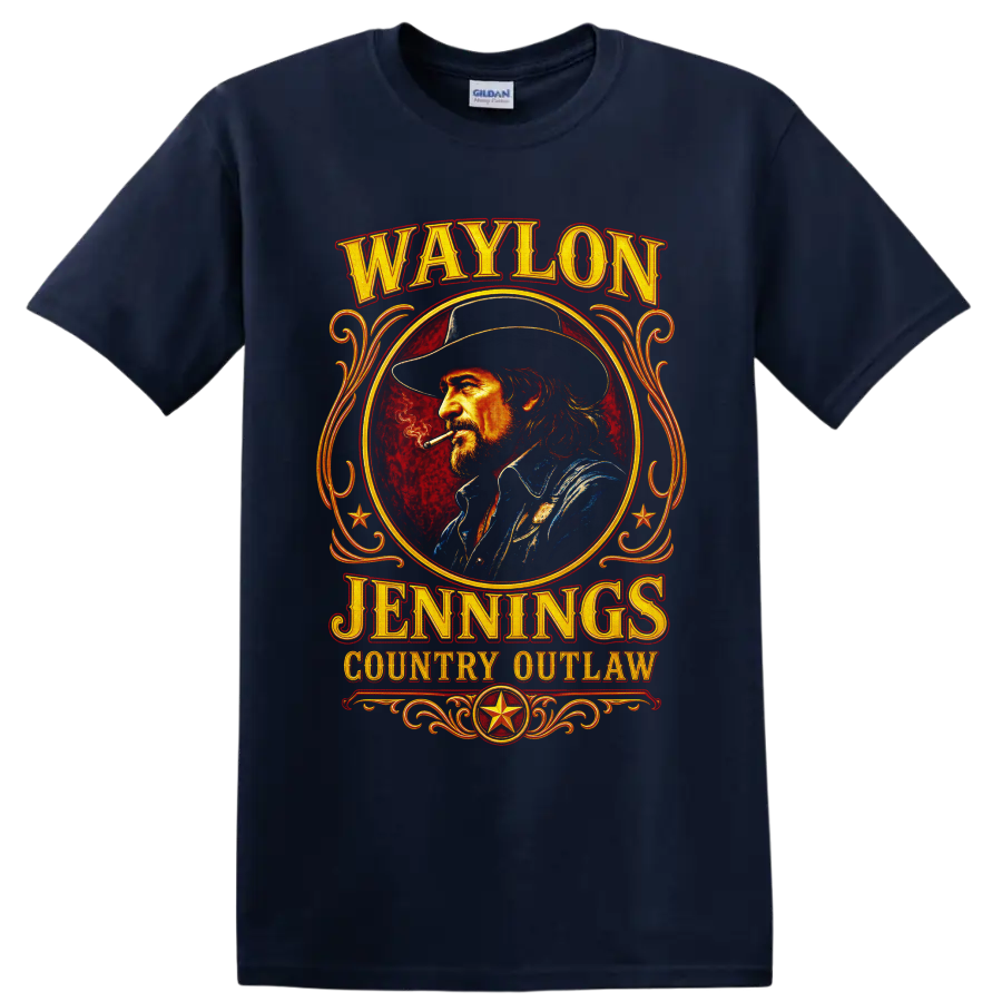 Waylon Jennings country outlaw Western portrait with vintage lettering and gold scrollwork on a Navy (Blue) T Shirt