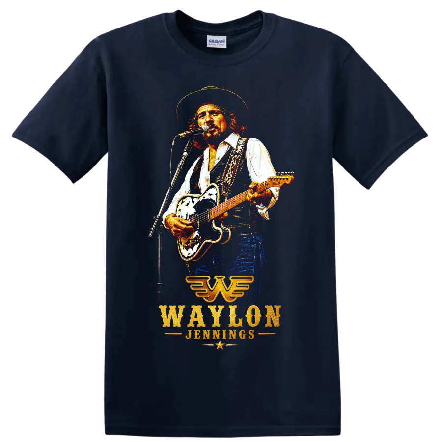 Waylon Jennings performing with guitar in vivid western concert-style artwork on a Navy (Blue) T Shirt