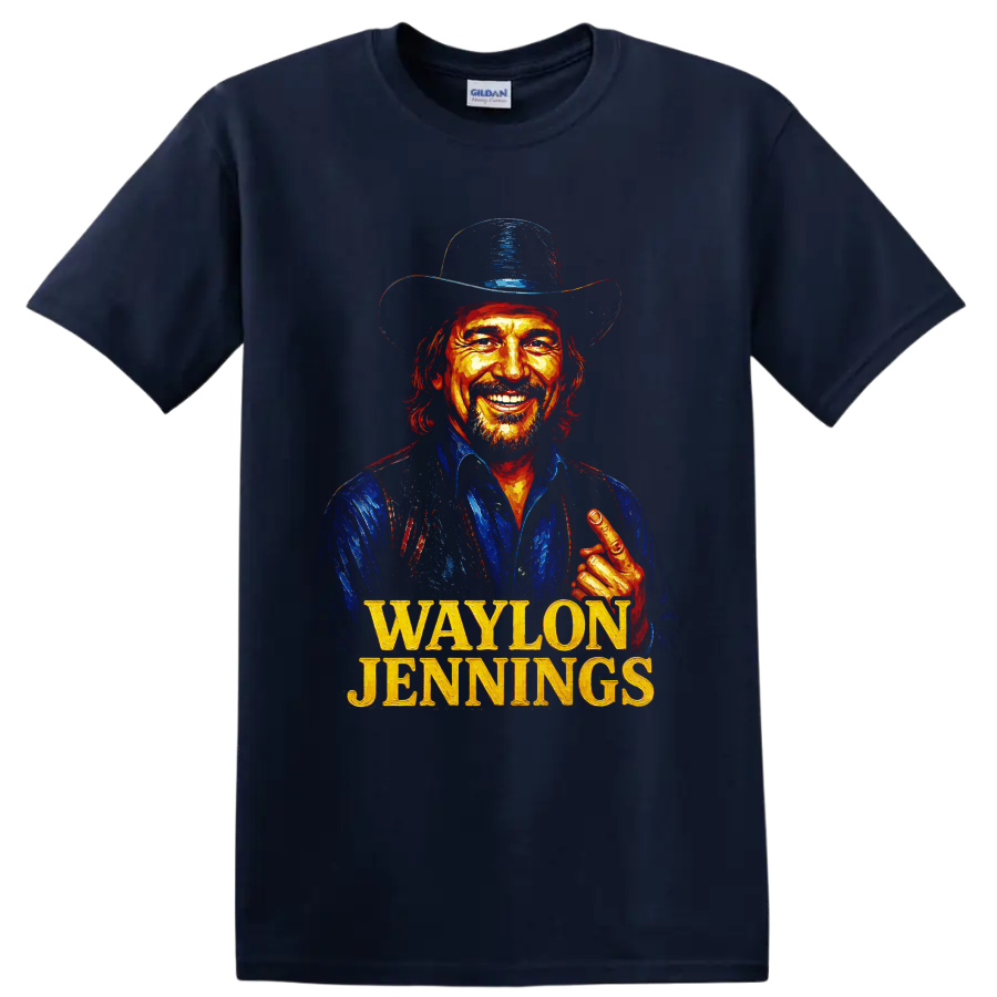 Waylon Jennings painted cowboy hat portrait with bold gold name lettering on a Navy (Blue) T Shirt