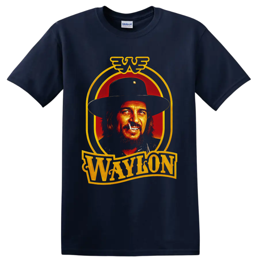 Waylon Jennings western cowboy portrait with red backdrop and gold Waylon lettering on a Navy (Blue) T Shirt