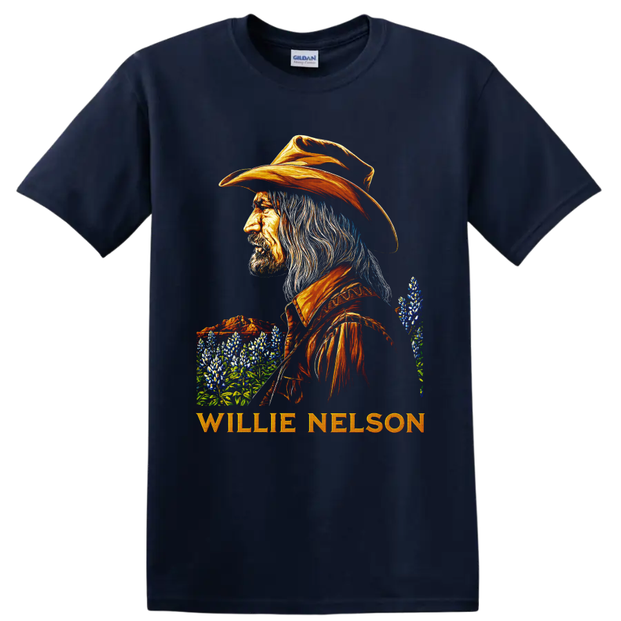 Willie Nelson western portrait with orange cowboy hat, bluebonnets, and name lettering on a Navy (Blue) T Shirt