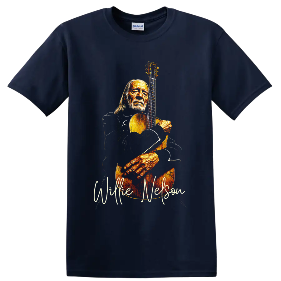 Willie Nelson holding an acoustic guitar in a warm vintage-style portrait on a Navy (Blue) T Shirt